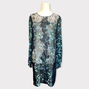 Haute Hippie 100% Silk Floral Print Sheer Lace Cut Out Tunic Dress Boho Size L